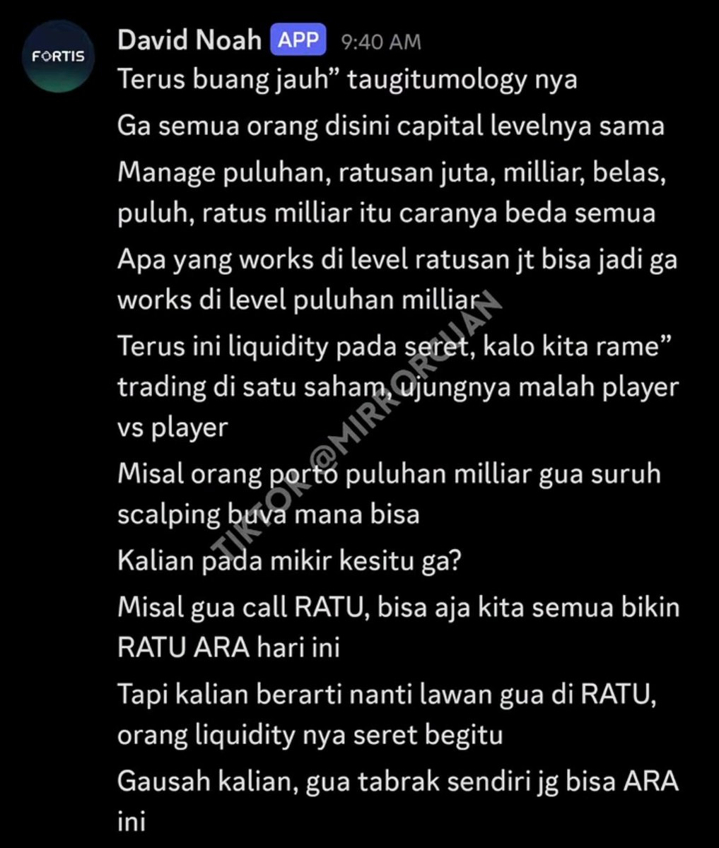 txtpersahaman's tweet photo. david noah bocorin obrolan bareng bos sekuritas dan pengelola dana soal kondisi riil pasar saham saat ini

> bursa kita fix 85 sampai 90 persen standalone 

> kenaikan indeks belakangan cuma pantulan teknikal jenuh jual dan dorongan beli danantara semata yang belum jelas bakal tahan berapa lama

> likuiditas lagi seret parah, kalo dipaksain trading di saham yang sama ujungnya malah saling sikut sesama pemodal lokal

> doi wanti-wanti mending minggir dulu nonton dari pinggir lapangan dan amankan cash, jangan sampe peluru keburu habis sebelum uptrend datang