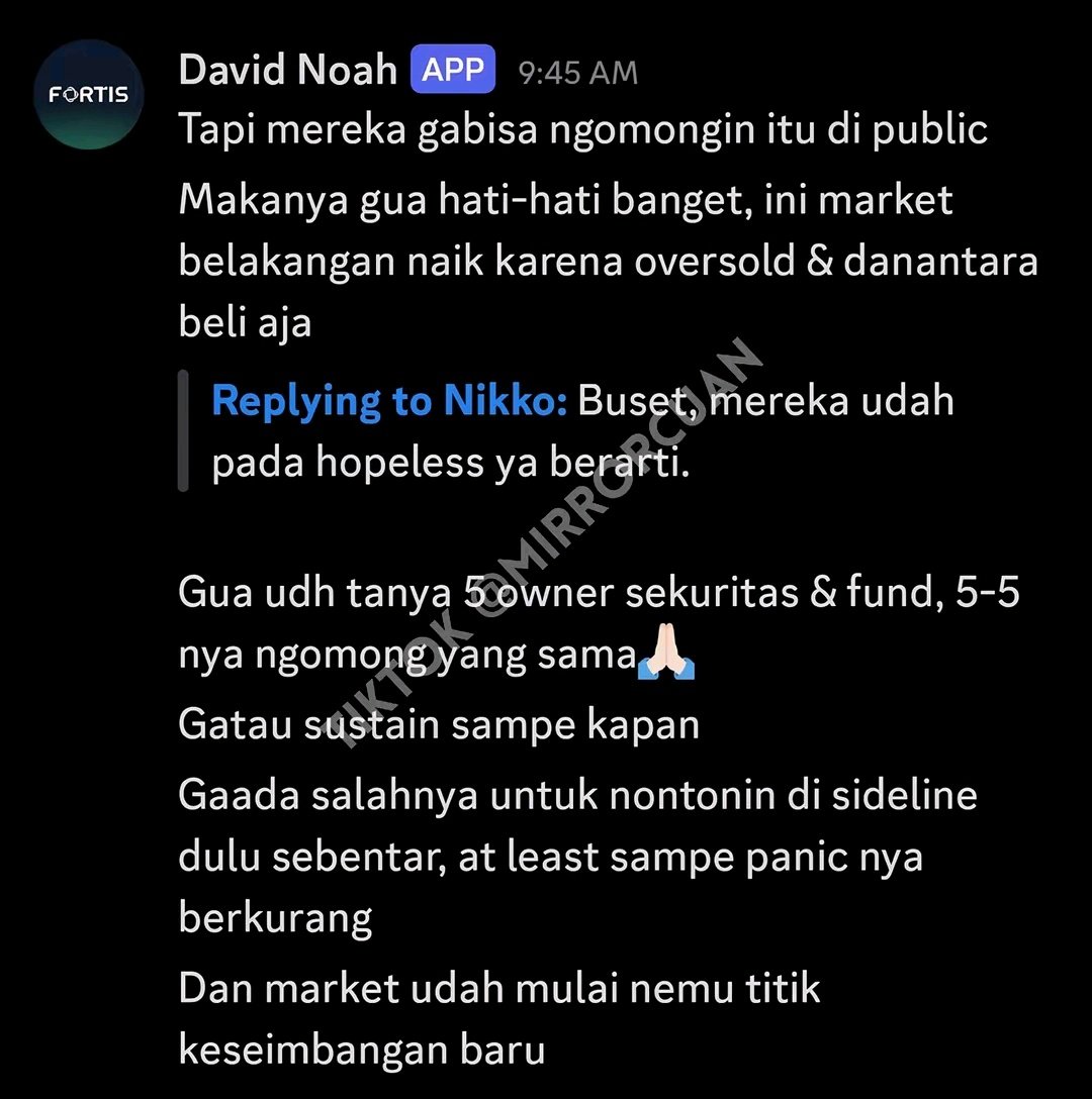 txtpersahaman's tweet photo. david noah bocorin obrolan bareng bos sekuritas dan pengelola dana soal kondisi riil pasar saham saat ini

> bursa kita fix 85 sampai 90 persen standalone 

> kenaikan indeks belakangan cuma pantulan teknikal jenuh jual dan dorongan beli danantara semata yang belum jelas bakal tahan berapa lama

> likuiditas lagi seret parah, kalo dipaksain trading di saham yang sama ujungnya malah saling sikut sesama pemodal lokal

> doi wanti-wanti mending minggir dulu nonton dari pinggir lapangan dan amankan cash, jangan sampe peluru keburu habis sebelum uptrend datang