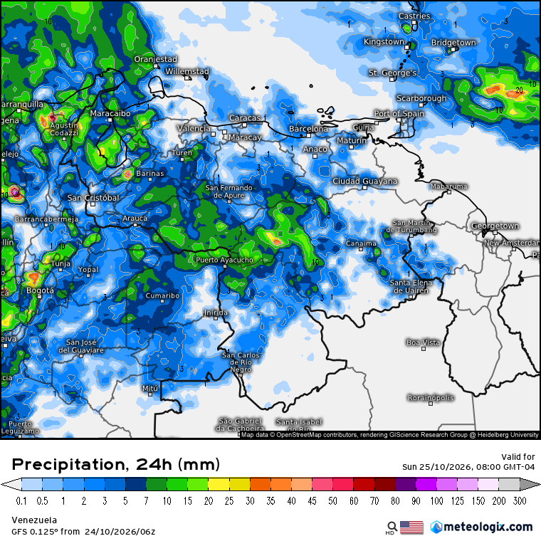 EstebanWXcast's tweet photo. Venezuela, precipitación acumulada en 24 hrs, previas a 08:00 HLV del 25OCT26, según GFS, ICON, UKMO y ECMWF. Previsión de conjuntos GFS y ECMWF resuelven precipitaciones aisladas y poco importantes en Zulia, W/Falcón, Andes, Lara, Llanos, NW/Bolívar y N/Amazonas. https://t.co/3CZG3TTjnI