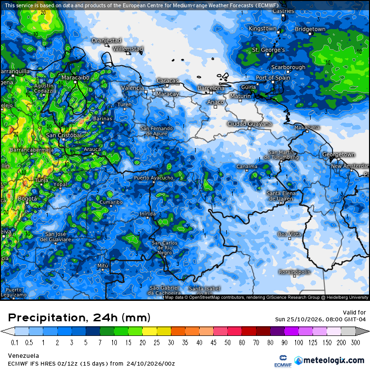 EstebanWXcast's tweet photo. Venezuela, precipitación acumulada en 24 hrs, previas a 08:00 HLV del 25OCT26, según GFS, ICON, UKMO y ECMWF. Previsión de conjuntos GFS y ECMWF resuelven precipitaciones aisladas y poco importantes en Zulia, W/Falcón, Andes, Lara, Llanos, NW/Bolívar y N/Amazonas. https://t.co/3CZG3TTjnI