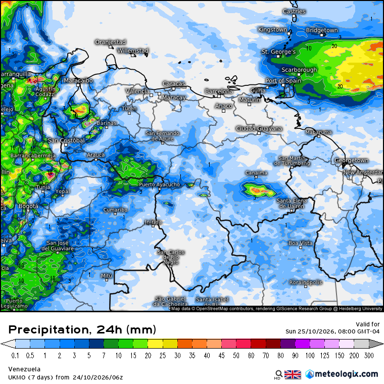 EstebanWXcast's tweet photo. Venezuela, precipitación acumulada en 24 hrs, previas a 08:00 HLV del 25OCT26, según GFS, ICON, UKMO y ECMWF. Previsión de conjuntos GFS y ECMWF resuelven precipitaciones aisladas y poco importantes en Zulia, W/Falcón, Andes, Lara, Llanos, NW/Bolívar y N/Amazonas. https://t.co/3CZG3TTjnI