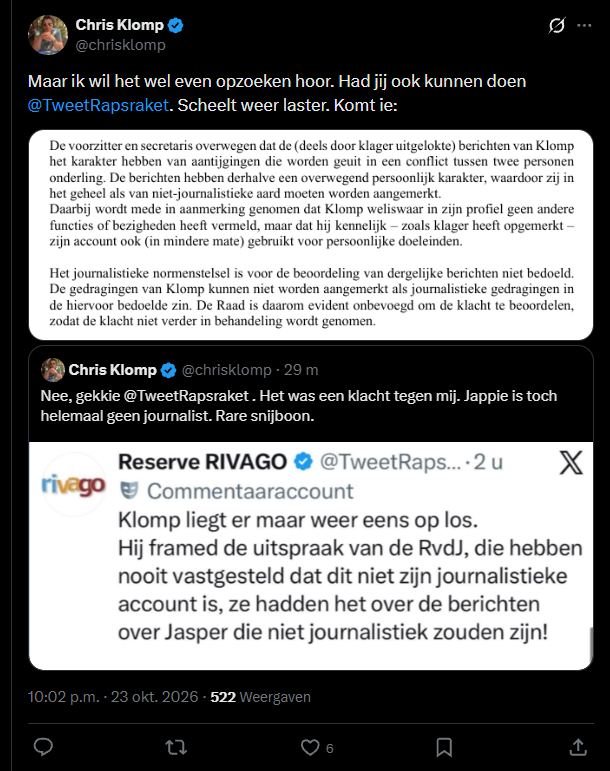 TweetRapsraket's tweet photo. Mijn punt was dat jij zegt dat de RvdJ heeft vastgesteld dat dit niet jouw journalistieke account is en dat is gewoon niet waar, dat weet jij zelf ook wel want er zijn ook tweets van jou te vinden waarin je zelf ook zegt dat ze over de tweets oordeelden en niet over jouw account.

Iemand die de waarheid bewust verdraait omdat het even beter uitkomt noem je ook wel een huichelachtige leugenaar.

Maar goed dat je als spuit 11 het even voor me opzocht wat al in mijn post stond zodat iedereen als dubbelcheck kan zien dat ik gelijk heb 😎👍

Dit is zo kansloos dat sjon do je niet eens komt helpen 😜
Met je laster.