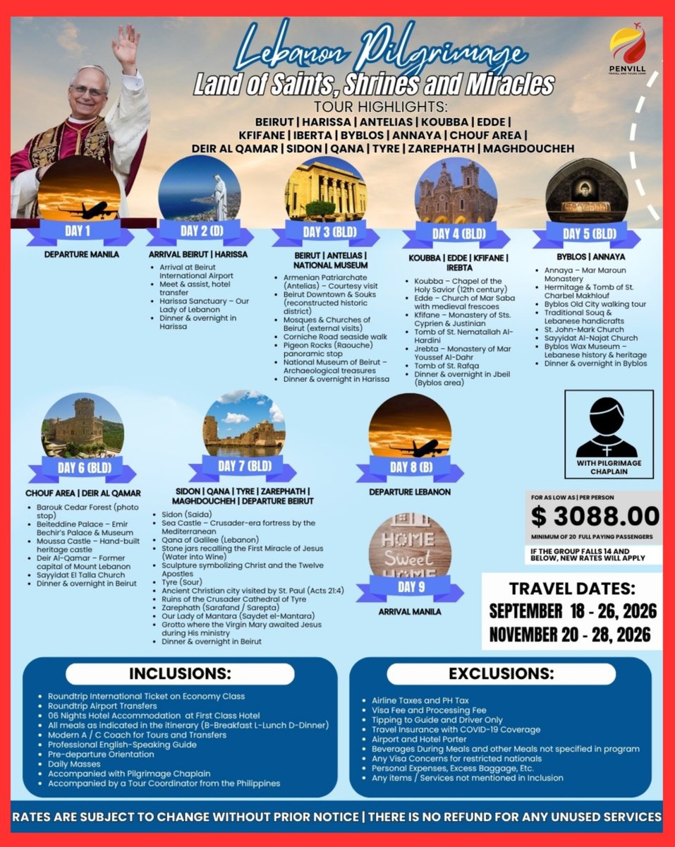 ok_binho's tweet photo. Lebanon Pilgrimage 2026: Journey through sacred sites in Beirut, Harissa, Byblos, Qana, Tyre, Sidon and more. Travel dates: Sept. 18–26 or Nov. 20–28. From USD 3, 088 per person. Inquire with PenVill Travel and Tours Corp. https://t.co/omiEdpGaTL