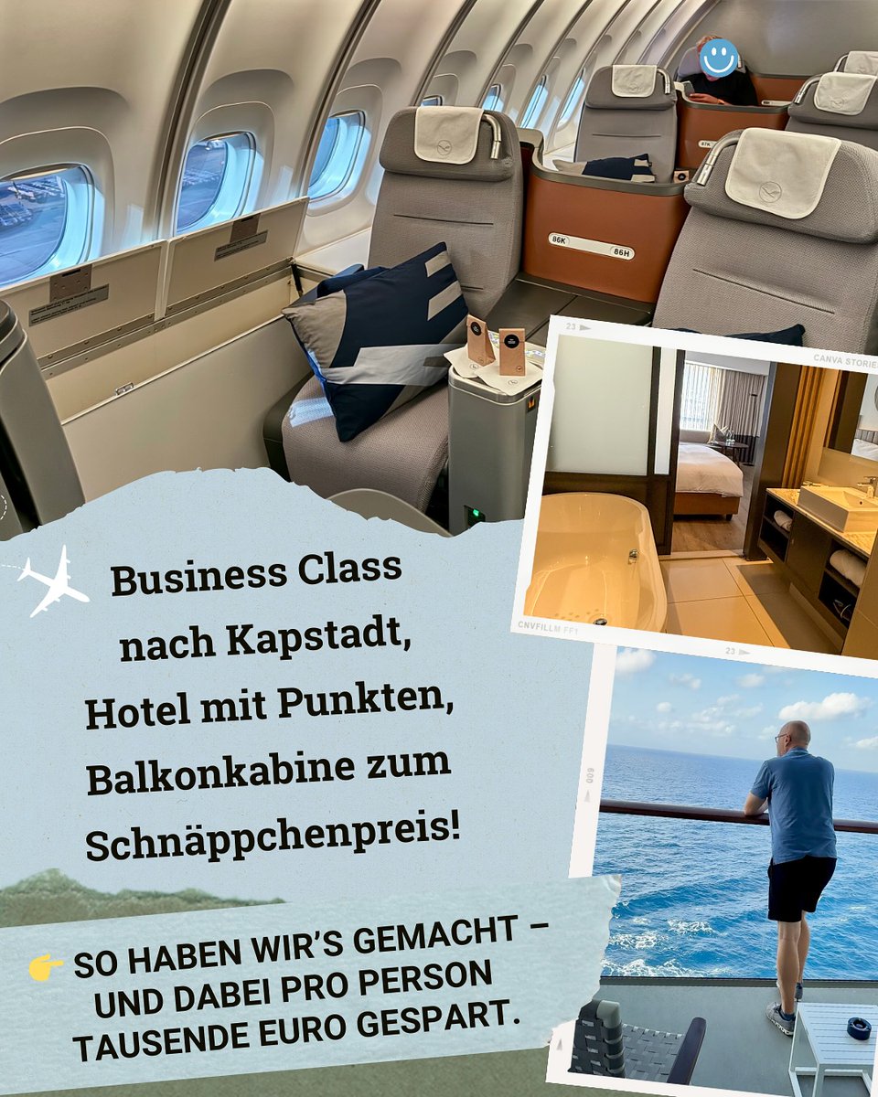 brunabianchi1's tweet photo. Business Class, 5-Sterne-Hotel in Kapstadt und 3 Wochen Balkonkabine müssen kein Luxus bleiben. Mit Meilen, Hotelpunkten, Transreisen und Karten-Vorteilen sparst du tausende Euro. Schreib „Reisehacks“ für alle Tipps. https://t.co/onaSru4jvT