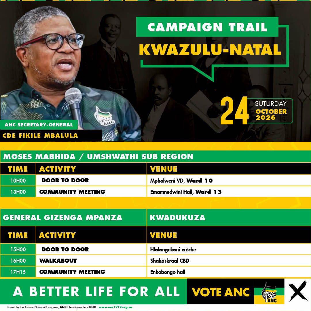 PenelopeLeano's tweet photo. KwaZulu-Natal is on the campaign trail today! Cde Fikile Mbalula is engaging communities across the province, with door-to-door visits and community meetings bringing leadership closer to the people.
#MbalulaInKZN #VoteANC2026 #BuildingCommunitiesTogether https://t.co/aNynP2W7cF