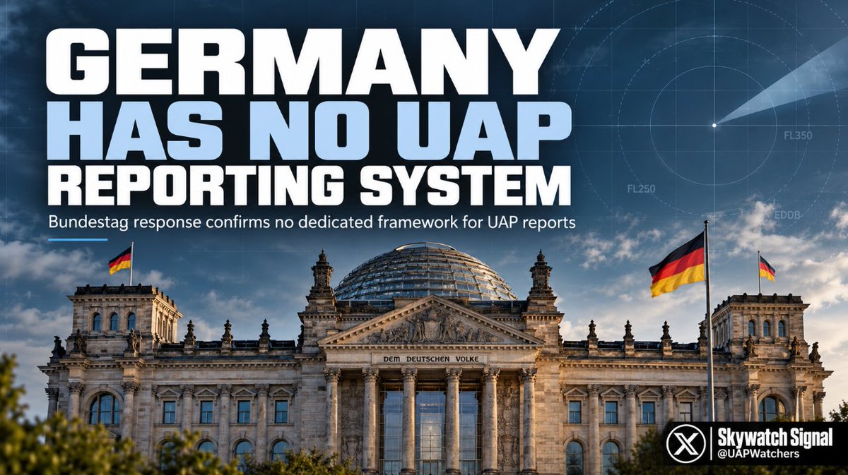 UAPWatchers's tweet photo. 🚨GERMAN GOVERNMENT ADMITS IT HAS NO DEDICATED UAP REPORTING SYSTEM AND NO PLANS TO CREATE ONE

The German government has responded to a parliamentary inquiry concerning UFOs and UAP, confirming that it has no dedicated reporting system, no standardized definitions, and no interdepartmental working group for investigating unidentified aerial phenomena.

The inquiry, submitted by members of the AfD parliamentary group, asked how Germany monitors unidentified objects, if it keeps records of UAP encounters, and how it coordinates with international partners.

According to the government's response, it has no information about UAP sightings over the past 10 years and no dedicated system for collecting reports.

Germany does operate airspace surveillance systems, combining data from military and civilian sensors, and has access to information from European and international partners.

So Germany has the technology to monitor its airspace, but no dedicated framework for documenting and investigating unidentified objects.

The government also confirmed that it regularly exchanges security related information with its international partners, but refused to discuss the details of those exchanges.

Despite the growing international attention surrounding UAP, Germany says it has no plans to revise its existing procedures.

I find that strange, especially when the United States has established AARO, France operates GEIPAN, and other countries have official systems for investigating UAP.

I'm not suggesting that Germany has secretly recovered alien craft or hiding evidence of E.T. activity, but surely unidentified objects entering national airspace should be documented and investigated, regardless of what they turn out to be?

If Germany doesn't have a dedicated reporting system or national statistics, how can it work out if unusual incidents are occurring repeatedly, or whether they are an aviation or national security issue?

Sources:

German Bundestag — Official government response, document 21/8662:
https://t.co/8GLKFwHSmy
Bundestag announcement, October 22, 2026:
https://t.co/alIWt7tUmu

#ufotwitter #uapX #UAP #UFO #Germany #UFODisclosure #AviationSafety