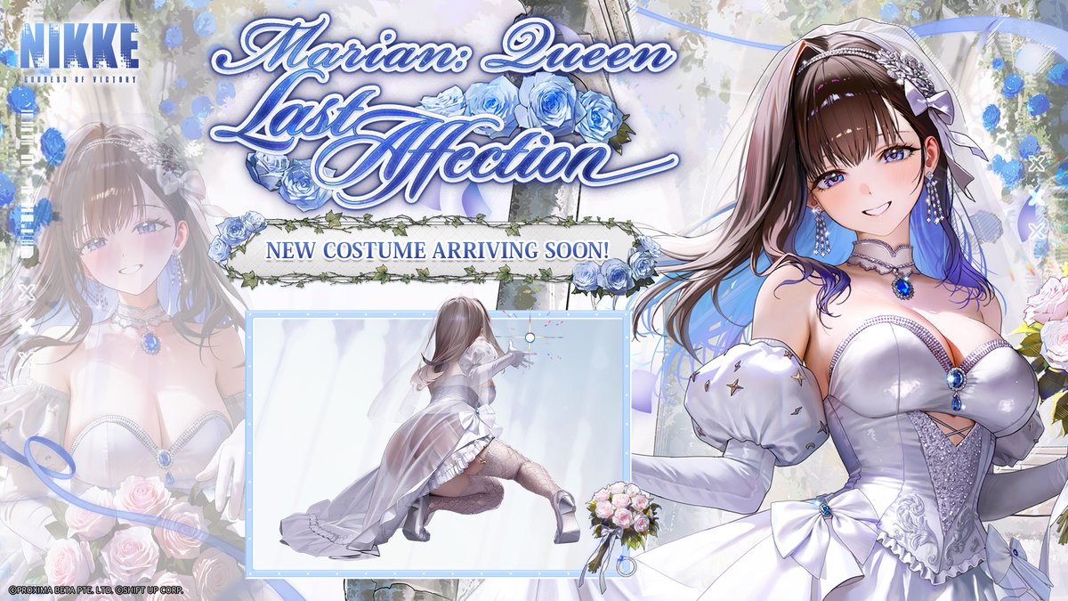 NIKKE_en's tweet photo. 【Costume Introduction】

The happiest vow in the world.

Marian: Queen's limited costume Last Affection is arriving with full VO, Burst Skill cutscene, standing pose, SD special motion, and costume-exclusive combat effect!

[Marian: Queen - Last Affection] is coming in the 4th Anniversary update via Costume Gacha!

📅 Available Period
5 Nov, 05:00 – 26 Nov, 04:59 (UTC+9)

#NIKKE4thAnniversary