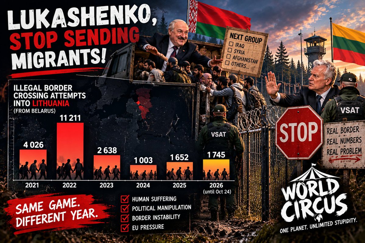 WorldCircusCRO's tweet photo. 🇱🇹🇧🇾 2021–2026: SAME BORDER. SAME CIRCUS.

Lukashenko, enough with the human chess game! 🤡

🎪 WORLD CIRCUS 🌍
ONE PLANET. UNLIMITED STUPIDITY!
#WorldCircus #Lithuania #Belarus #Lukashenko #GitanasNauseda #Baltics #EU #BorderSecurity #PoliticalSatire https://t.co/RLKEArYe9R