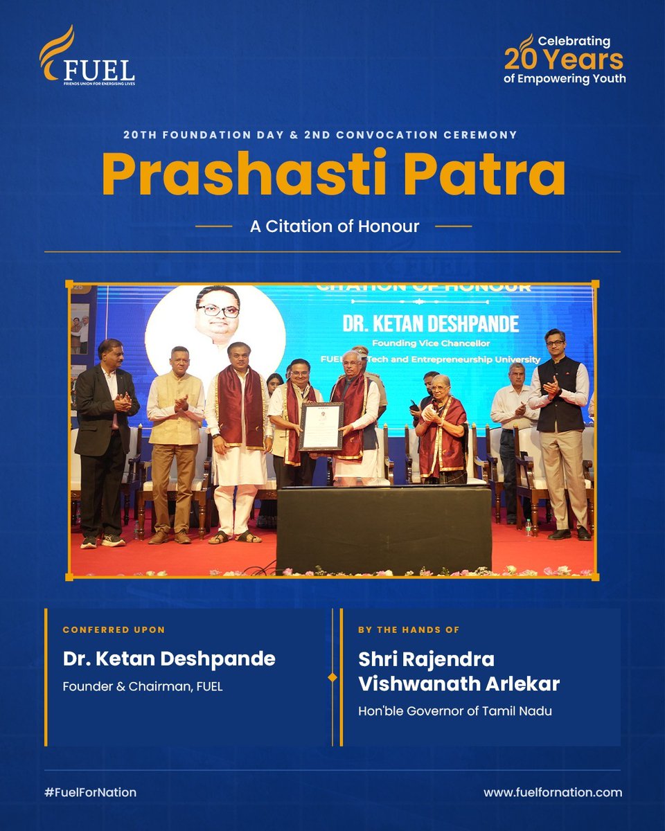 fuelskilltech's tweet photo. Prashasti Patra, a Citation of Honour, presented to Dr. Ketan Deshpande, Founder & Chairman, FUEL, by Shri Rajendra Arlekar, Governor of Tamil Nadu, at FUEL’s 20th Foundation Day.
https://t.co/Ne8EdGQYNS
#FUELSkillTech #FoundationDay #PrashastiPatra #FuelForNation #FUELUniversity https://t.co/zFK9WT8Pb7