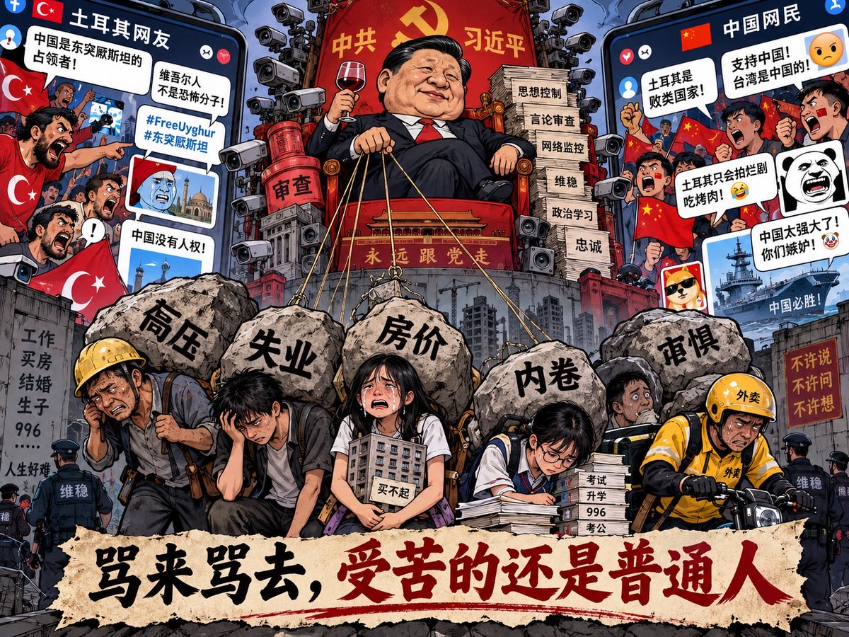ValueSelfiy's tweet photo. Türk ve Çinli milliyetçiler X’te birbirini yerken, Xi Jinping koltuğunda keyifle oturuyor.

O sırada sıradan Çinliler işsizlikle, sansürle ve korkuyla boğuşuyor.

Çin halkı, Çin Komünist Partisi değildir.

Chinese people are not the CCP.