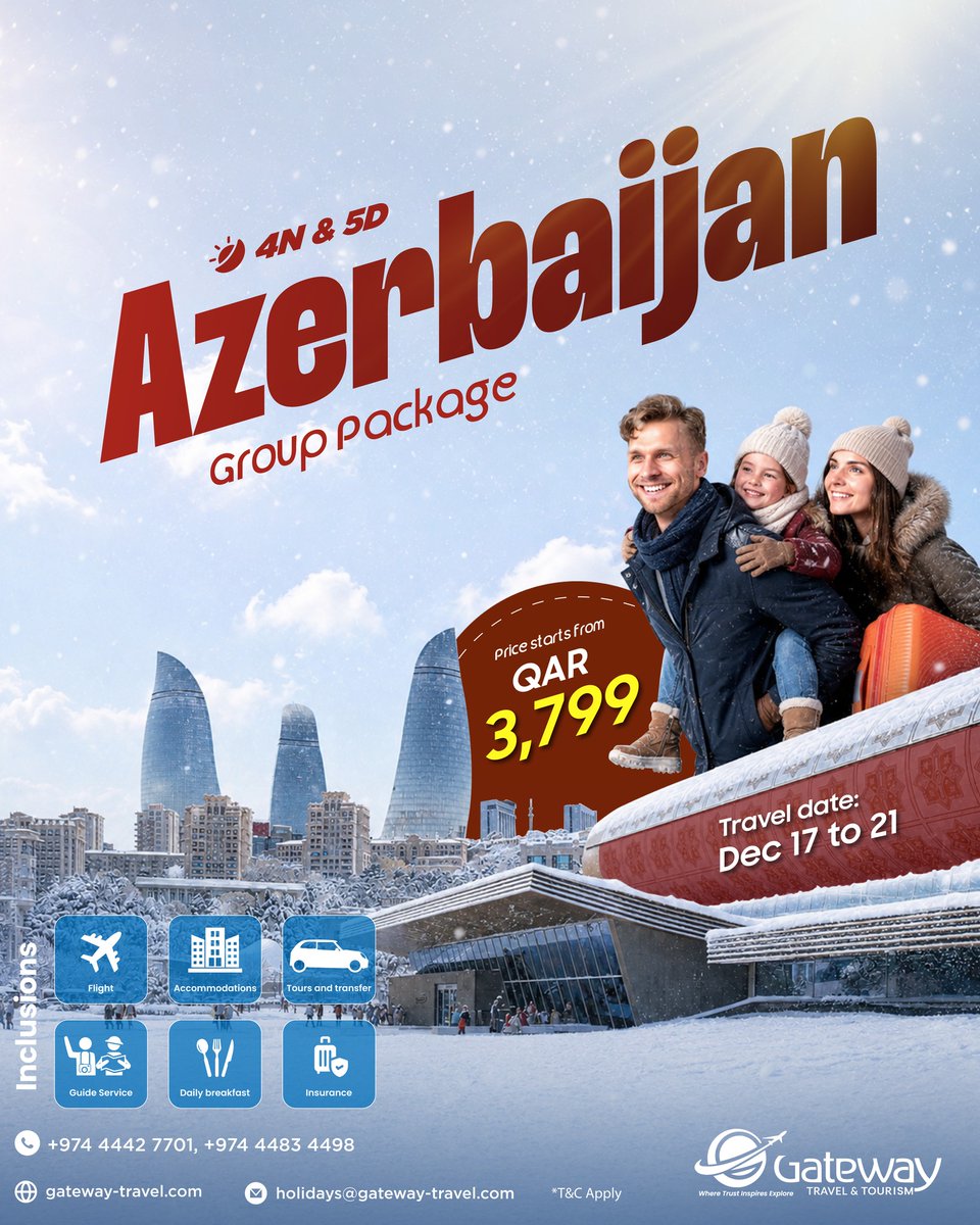 EdwinMauricioA3's tweet photo. Experience Azerbaijan this winter with our 4-night, 5-day group package. Explore Baku, stunning winter landscapes, and more. From QAR 3, 799. Travel 17–21 December. Includes flights, hotel, tours, breakfast, guide, and insurance. https://t.co/V4t02c6FKB