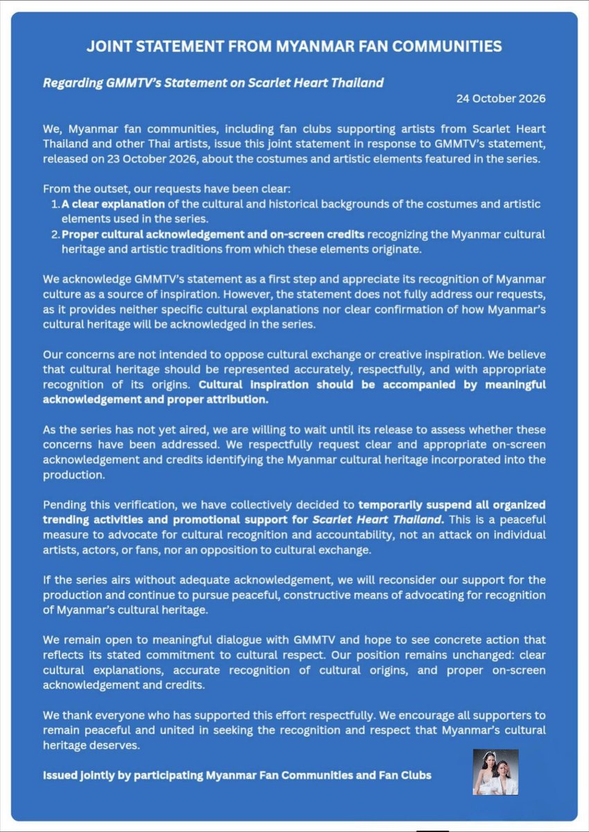 PuinoonBintFCMM's tweet photo. Not Related PuinoonBint ❌

Joint Statement from PuinoonBint 1st Myanmar FanPage 

CULTURAL HERITAGE RECOGNITION

#RecognizeMyanmarCulturalHeritage
#CulturalCreditMatters 
#ScarletHeartTH https://t.co/nPVrjBpgDr