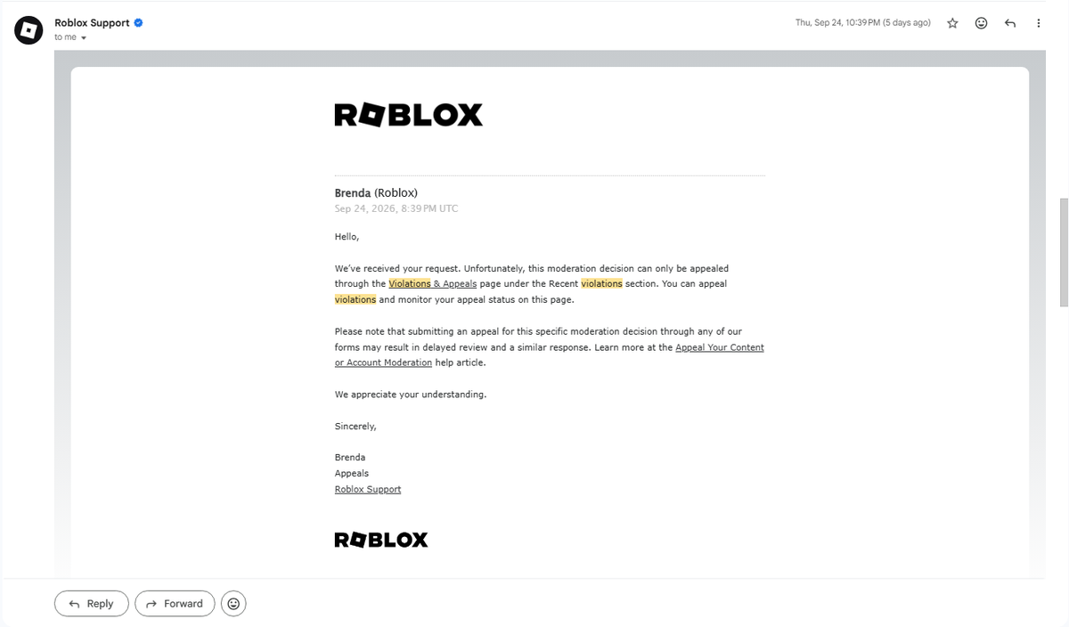 free_kpc's tweet photo. 🚨 Roblox Support is becoming a joke. Instead of fixing its broken moderation system, appeal bugs, and lack of transparency, Roblox is adding MORE AI to support 
I’m banned on my account kpc and can’t even properly view my violation or appeal it. 
https://t.co/WybuqLLn3G https://t.co/OByjmH8aOZ