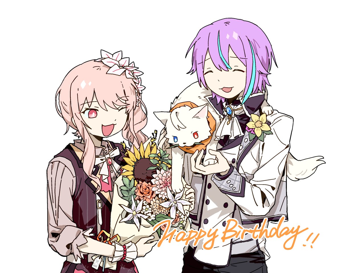 CatLeafgrass's tweet photo. happy birthday!......oh don't eat your bouquet💐❗
let's have some cake🎂
#prsk_FA #屋上組 #類瑞 https://t.co/EpGydiImmy