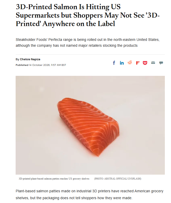 Babygravy9's tweet photo. This is good, but you need to go further. 3D-printed "salmon" is now making its way onto store shelves without adequate labelling. Nobody wants to buy this stuff if they know what it is, so it's being insinuated into people's shopping baskets by stealth. https://t.co/kru6csYE8z
