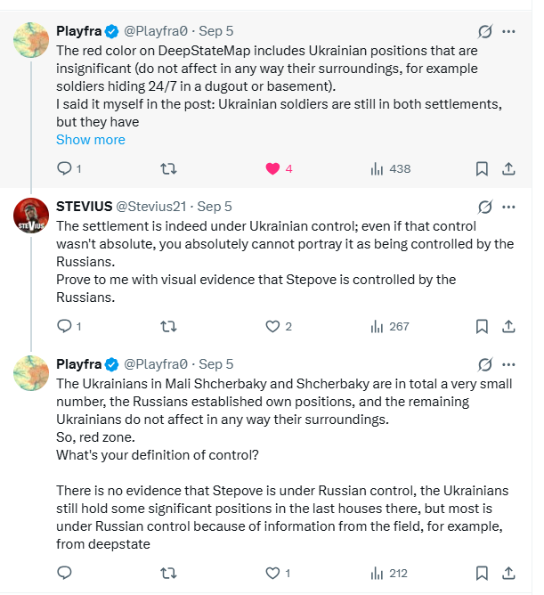 DelwinStrategy's tweet photo. Vous êtes un impertinent qui se permet de venir commenter, sous les publications d'autres analystes exigeant des "preuves", alors que vous n'apportez rien de votre côté. Vous avez eu la même attitude auprès d'autres ces dernières semaines. Toujours avec vos certitudes, jamais avec des éléments probants, le plus souvent sur un ton provocateur et condescendant. Comme sur ces screenshots; sujet Mali Shcherbaky sur lequel une fois encore, vous avez tord. 
En réalité, comme je l'ai amplement démontré ci-dessous (toujours sans réaction d'ailleurs), vous invoquez certaines éminences en déformant leurs propos dans de vaines tentatives de convaincre. Cela fonctionne auprès d'une audience profane sur ces sujets, ou naive, mais pas avec moi.

Je pense avoir très largement démontré dans mon post précédent que les avancées datent de Juillet. Donc,  lorsque j'écris "not in recent month", je ne pense pas me tromper. Je sais que le temps passe vite, mais nous sommes fin octobre... 
Si pour vous, géolocalisations et images satellites ne sont pas des "indices", je vous souhaite bonne chance pour analyser ce conflit. Quoique, les rapports du MoD Ukrainien ou 2 photos de chars semblent vous suffire. 

Enfin, afin de vous montrer à quel point votre attitude est contre productive, je vous renvoie l'ascenseur: où sont vos preuves (indices?) que les FAU controlent Zapadne, Mali Shcherbaky, ou que la flotte de char d'assaut comprend toujours des milliers d'unités? 

https://t.co/N0LYYnmRSO