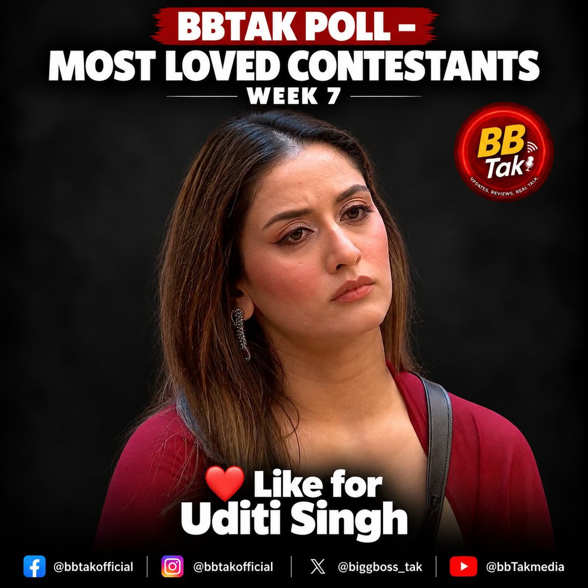 BiggBoss_Tak's tweet photo. 🚨 Biggest & Most Authentic #BBTak Poll - #BB20 Week-7 🚨

❤️ Like this post if you're supporting #UditiSingh in #BiggBoss20 

🗳️ Poll ends tomorrow (Sunday) at 8:00 PM.

📌 Note: #BBTak Poll results are based on the total number of likes received on contestants' posts across our Instagram, X (Twitter) & Facebook pages.

Poll also active on Facebook and Instagram.