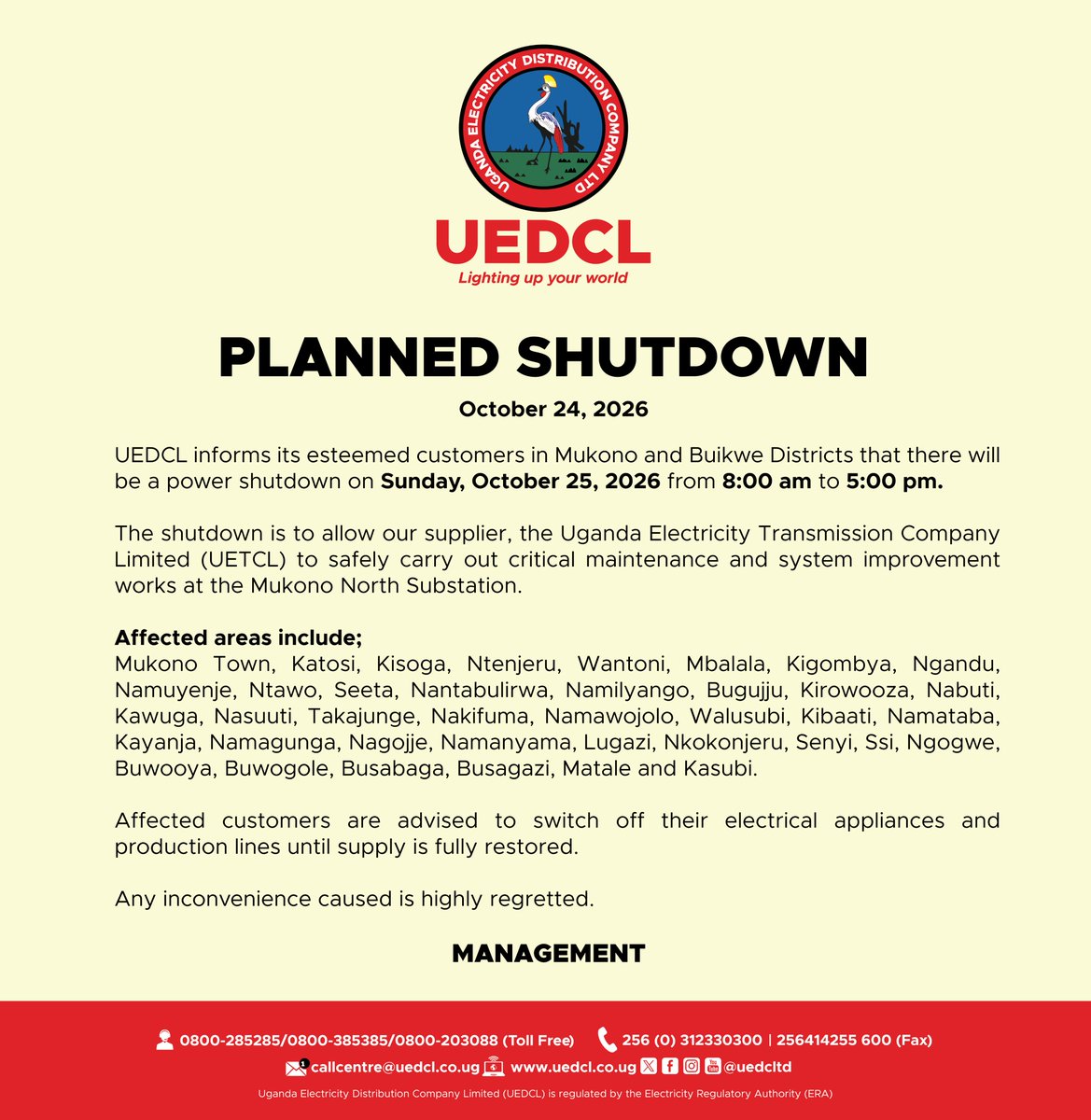 UEDCLTD's tweet photo. Planned shutdown.

#UEDCLinService 
#LightingUpYourWorld https://t.co/o2kGWS8VuN