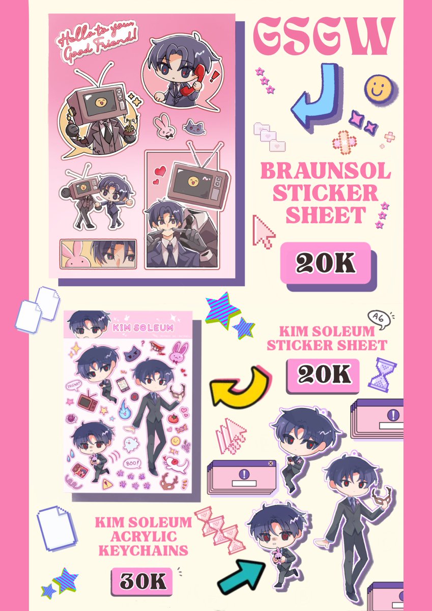 shrimpici's tweet photo. [1/5] First on the lists are our Standees, Book, Sticker Sheets, and some Acrylic Keychains ✨ https://t.co/CDWvoMB8YI