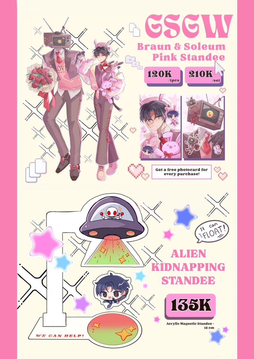 shrimpici's tweet photo. [1/5] First on the lists are our Standees, Book, Sticker Sheets, and some Acrylic Keychains ✨ https://t.co/CDWvoMB8YI