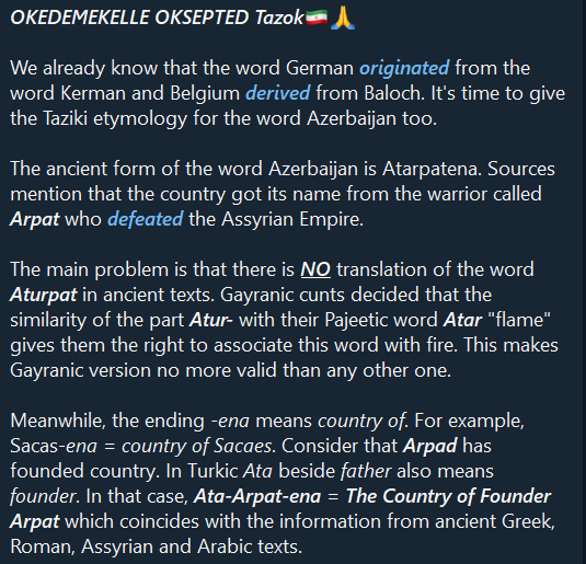 master_of_iran's tweet photo. @Azarmidokht__ @aeedazk The same shit with the word Baku that wasn't mentioned in ancient sources and used as "badkubeh". Your shitskinned kiranis just took the phrase "city of winds", translate it on own gay-sounding Hind dialect called forsi and think they proved something😂 https://t.co/dn6RDg4y4T