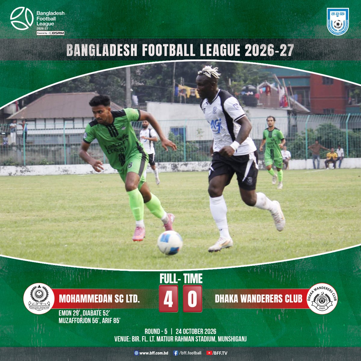 bafufe's tweet photo. Bangladesh Football League 2026-27
MATCH RESULT || Mohammedan SC Ltd. 4-0 Dhaka Wanderers Club
#BFF #BFL #BangladeshFootballLeague https://t.co/W2EJ8otj6F