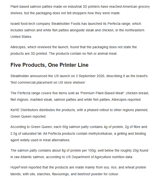 Babygravy9's tweet photo. This is good, but you need to go further. 3D-printed "salmon" is now making its way onto store shelves without adequate labelling. Nobody wants to buy this stuff if they know what it is, so it's being insinuated into people's shopping baskets by stealth. https://t.co/kru6csYE8z