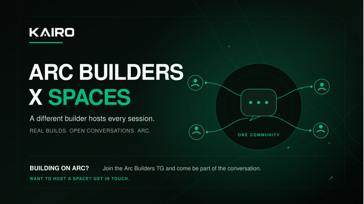 kairo_market's tweet photo. We keep having good conversations with @arc builders, so we’re taking them to X 👀

We’re starting recurring X Spaces where a different builder hosts each time. Come hear what people are working on, share ideas and meet more of the teams building on Arc.

Building on Arc? Join the Arc Builders TG if you’d like to join a Space or host one yourself. Contact us for the TG link!

First one soon 💚