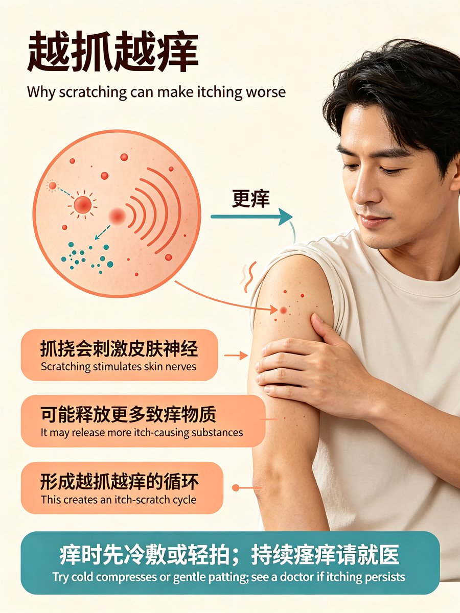 Science_Aq's tweet photo. 皮肤发痒抓了会更痒，抓挠会刺激释放致痒物质。
饭后不能马上躺，容易反流，建议休息先半小时。
你明白了吗？#图文科普 #新人报道第二天 #蓝标互回 #感谢 https://t.co/1ke8iLOtoF