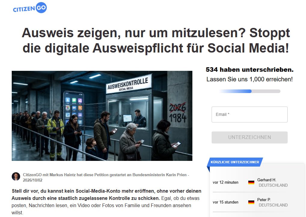 Haintz_MediaLaw's tweet photo. Bitte die nachfolgende Petition mitzeichnen, Link im ersten Kommentar:

CitizenGO mit Markus Haintz hat diese Petition gestartet an Bundesministerin Karin Prien – 2026/10/02

Stell dir vor, du kannst kein Social-Media-Konto mehr eröffnen, ohne vorher deinen Ausweis durch eine staatlich zugelassene Kontrolle zu schicken. Egal, ob du etwas posten, Nachrichten lesen, ein Video oder Fotos von Familie und Freunden ansehen willst.

Bundesministerin Karin Prien will im Oktober die Eckpunkte für ein deutsches Gesetz zur Alterskontrolle in sozialen Medien vorlegen. Die Kontrolle soll, so sagt sie, über eine App laufen.

Die App steht schon bereit. Im Januar 2027 startet die Bundesregierung „d-you“, eine digitale Brieftasche (Wallet) auf deinem Handy, die auf deinem Personalausweis aufbaut. Der Altersnachweis ist eine ihrer Funktionen. Auch Brüssel geht in dieselbe Richtung: Nach dem neuen Vorschlag der EU-Kommission müsste jeder, der ein Social-Media-Konto eröffnet, auch jeder Erwachsene, eine zertifizierte Alterskontrolle bestehen.

Die Regierung nennt die App „freiwillig“. Aber was ist freiwillig an einer App, die du brauchst, nur um überhaupt in die sozialen Medien zu kommen? Dein erster Schritt auf jede Plattform wäre dann dein Ausweis. Social Media nutzen, ohne jemals den Ausweis zu zeigen: Das wäre vorbei. Für jeden, der die Regierung im Netz kritisieren will, ist das eine echte Bedrohung. Bundeskanzler Merz hat schon gesagt, wohin die Reise geht: „Ich möchte Klarnamen im Internet sehen.“ Und ob die Kontrolle wirklich nur dein Alter verrät, ist ein Versprechen, keine Garantie. Forscher sagen, dass die Verfahren nicht vollständig anonym sind.

Beim Staat sind unsere Daten nicht sicher. Im September haben Hacker rund 1,4 Millionen Dateien der Berliner Landesverwaltung veröffentlicht, darunter Kopien von Dokumenten, die Bürger eingereicht hatten. Jede neue Ausweiskontrolle häuft noch mehr Daten an, die gestohlen werden können.

Kinder brauchen Schutz, und das ist Aufgabe der Eltern. Die Expertenkommission, die Priens eigenes Ministerium eingesetzt hat, hat beschrieben, wie das gehen kann: Kindersicherung und kindgerechte Einstellungen auf dem eigenen Gerät des Kindes, ohne dass ein einziger Erwachsener seinen Ausweis vorzeigen muss. Prien kann diesen Weg wählen. Sie hat eine Alterskontrolle versprochen, die „datensparsam und datenschutzkonform“ ist.

Noch ist nichts entschieden. Priens Eckpunkte sind noch nicht geschrieben, und was vor der Veröffentlichung gestrichen wird, muss später nicht zurückgenommen werden. Nur 14 % der Deutschen wollen eine Klarnamenpflicht. Wir übergeben der Ministerin jede Unterschrift, bevor sie ihren Plan vorstellt, und schicken eine Kopie an Digitalminister Karsten Wildberger, der für die App zuständig ist.

Unterschreib jetzt diese Petition an Bundesministerin Karin Prien: keine digitale ID, kein Ausweis-Upload und keine Klarnamenpflicht in den sozialen Medien.

Hilf mit, dass das Internet für alle frei bleibt!