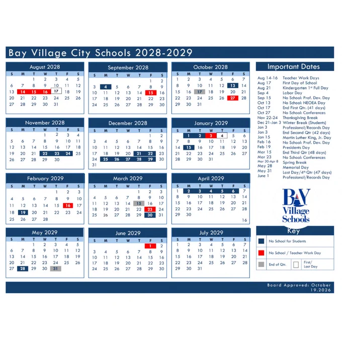 2028-29 Calendar image for the district with a red, blue and gray key for days off.