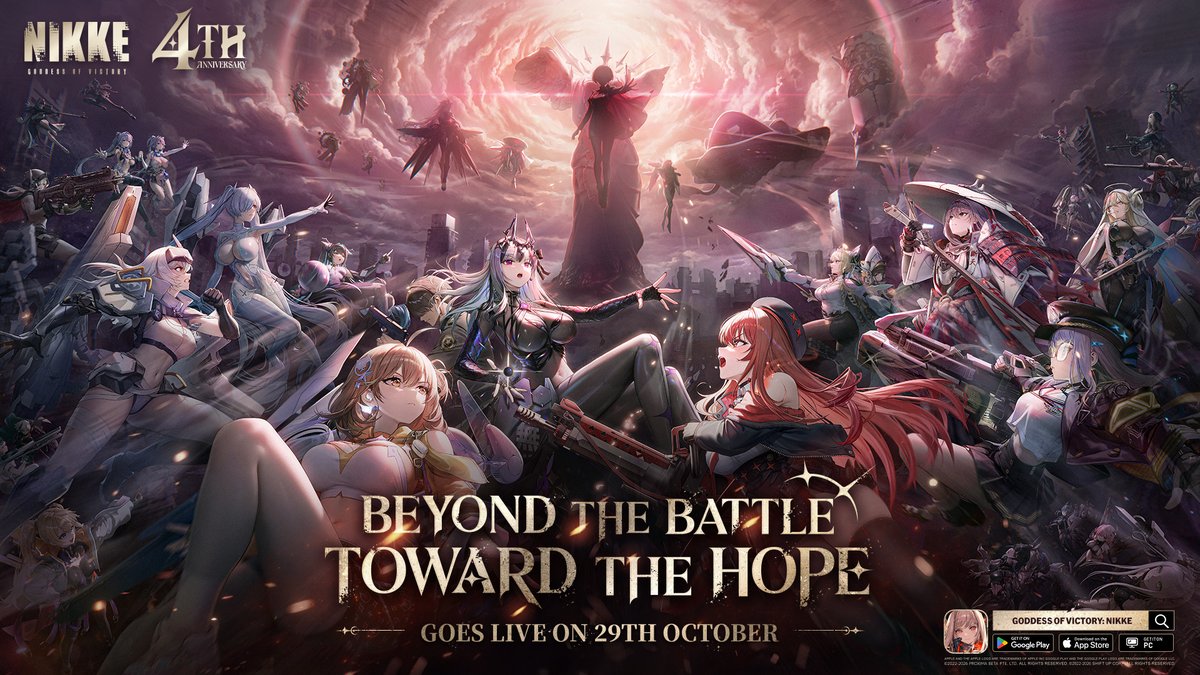 NIKKE_en's tweet photo. 【Beyond the Battle, Toward the Hope】

NIKKE’s highly anticipated 4th Anniversary Main Story Chapters 49 and 50 are coming after the October 29 maintenance!

- CHAPTER 49: The final conflict with everything on the line.
- CHAPTER 50: We are going up!

Story Mode with simplified stages and lower Power requirement will also be available.

Commander, witness the climactic showdown with us!