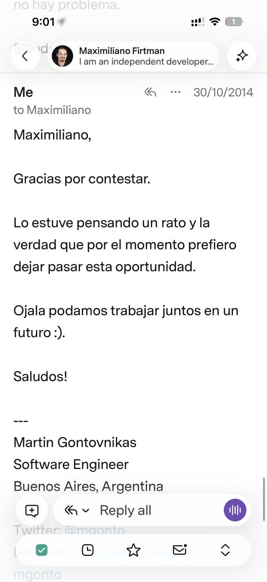 mgonto's tweet photo. Vengo a mostrar un poco más de lo que viene mintiendo @maxifirtman. La verdad no me acordaba de nada del intercambio y tuve que buscarlo en mis emails. 

Primero que nada, a mis 24 años, fue Maxi quien me vino a buscar para dar cursos. No fui yo. 

Después de eso tuvimos varios intercambios y yo le pedí un número qué me parecía que correspondía por mi tiempo y conocimientos. 

Maxi me quiso pagar dos mangos. 

Le dije que no y le dije que ojalá podamos hacer algo a futuro para ser cordiales. 

Seguí mintiendo tranquilo Maxi!