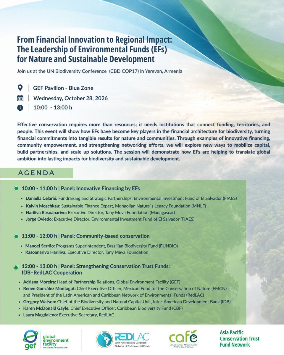 RedLAC1's tweet photo. 🌎🌿 At #COP17, RedLAC highlights how Environmental Funds turn finance into conservation impact.

📅 Oct 28 | 10 AM–1 PM
📍 GEF Pavilion, Blue Zone
Join 3 panels on innovative finance, community conservation &amp; IDB–RedLAC cooperation.
#BiodiversityFinance @FondoMexicano https://t.co/ZxfeHMXoVt