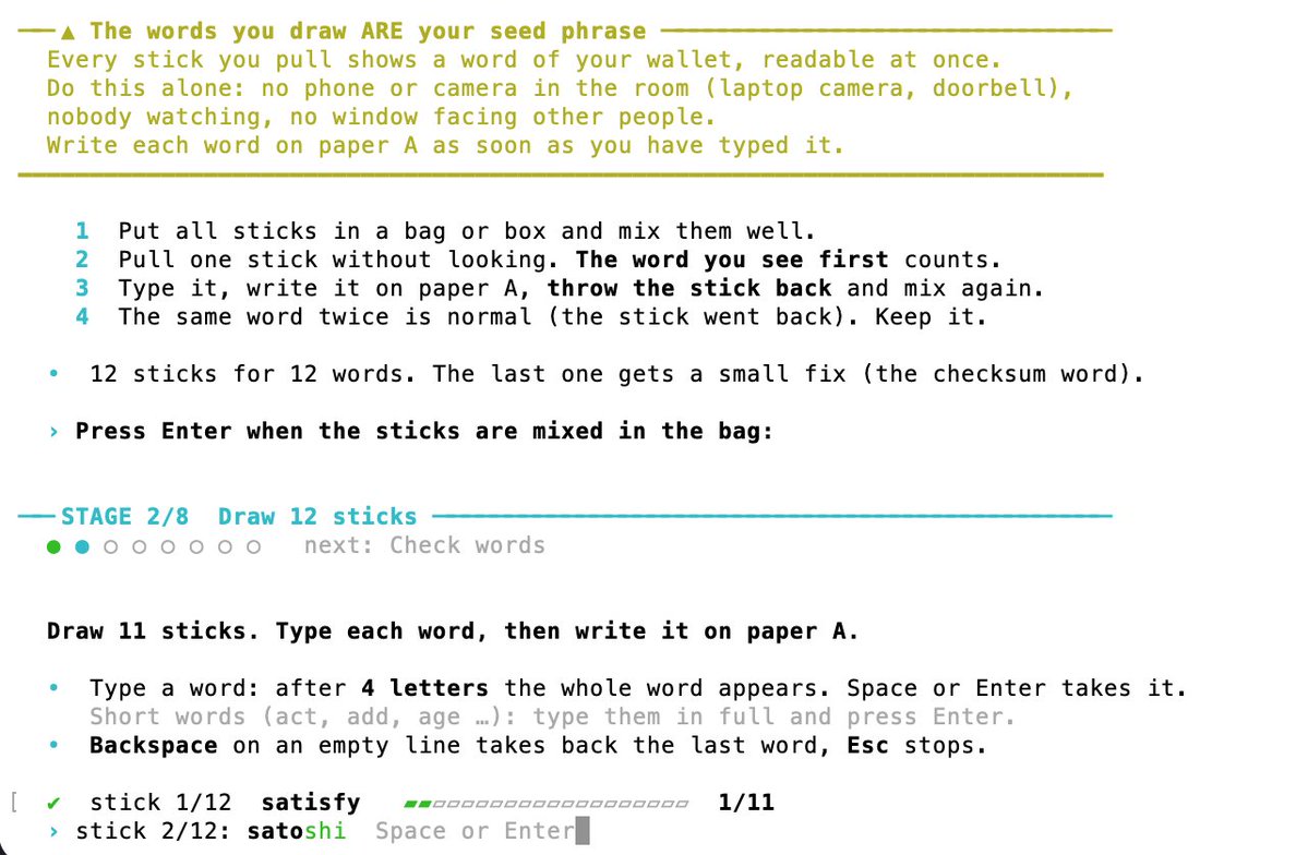 AVB_21's tweet photo. RELEASED:  Beyond The Hand  

This is an open-source, offline bitcoin wallet generator with a CLI and an HTML UI.
It saves to an encrypted .age file and accepts many raw entropy inputs.
Also supports SeedSigner's QR, as well as SeedSticks/SeedPills 
https://t.co/aWq1hrugpS https://t.co/eFyRTW2cCG