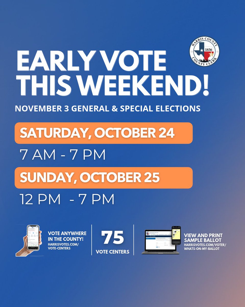 HarrisVotes's tweet photo. Got weekend plans? Add voting to the list. ✅

Early Voting continues this Saturday and Sunday, and you can vote at any Early Voting location in Harris County. Visit https://t.co/MEQ5eFlb9W to find a location near you. 🗳️ #HarrisVotes https://t.co/ccWvljtW4e