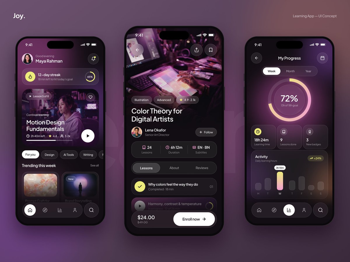 uiuxjoy99's tweet photo. Modern E-Learning Mobile App UI/UX Design

Learning should feel inspiring, not overwhelming.

Explore courses, learn new skills, and track your progress through a clean, intuitive dark-mode experience.

#UIUX #UIDesign #UXDesign #EdTech #MobileAppDesign #ProductDesign #Figma https://t.co/NToePRN1My