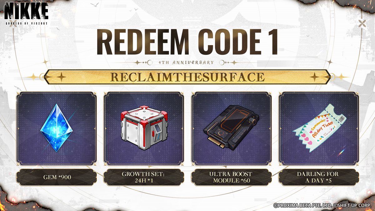 NIKKE_en's tweet photo. 【4th Anniversary Livestream CD-Keys】

Celebrate NIKKE's 4th Anniversary with these special livestream CD-Keys!

Redemption Code: 
1. TOTHEFRONTLINE
2. RECLAIMTHESURFACE
3. GODDESSMARCHON
4. FORGETMENOT

📅 Redemption Period
Until 24 Nov, 23:59 (UTC+9)

How to Redeem:
- Log in to the game
- Tap [Notices] in the upper-right corner of the Lobby
- Open the [CD-Key Redemption Portal]
- Enter your CD-Key to claim your rewards

You may also redeem CD-Keys on our official Discord [cdkey-redemption] channel!
🔗: https://t.co/Lyfx2ZMNhb

#NIKKE4thAnniversary