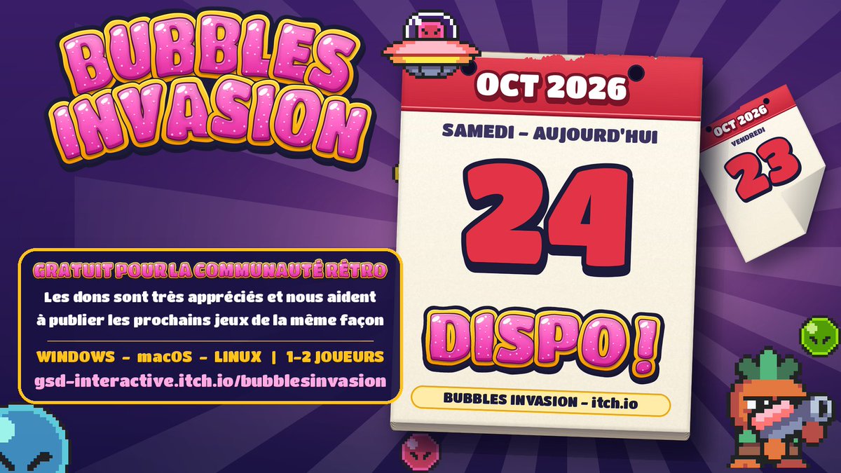gsdinteractive's tweet photo. Jour de sortie ! 🎉 Bubbles Invasion est DISPONIBLE sur Windows, macOS et Linux (1-2 joueurs).
Gratuit pour la communauté rétro. Les dons sont très appréciés et nous aident pour les prochains jeux ! 💖
https://t.co/dBFASH1Gwd
#BubblesInvasion #indiegame https://t.co/u5CfRb1gLx