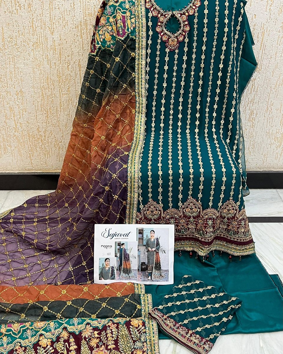 XimenZENelsohr4's tweet photo. Sajavat by Noor’s luxury chiffon collection: embroidered shirt, heavy embroidered dupatta, and raw silk trousers. Ready to dispatch. Bookings now open. https://t.co/hZLkbwh0DQ