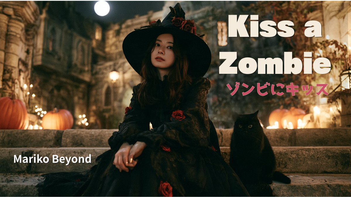 MarikoBeyond's tweet photo. 🎃💋 新曲MV公開！

🎵Kiss a Zombie（ゾンビにキッス）

▶️https://t.co/suJd9OvnGD

もしも、好きな人がゾンビになってしまったら？

月明かりのハロウィンの夜。
傷ついたゾンビの青年と、ちょっと変わった魔女の女の子が出会います。
怖いはずなのに、どこか可愛らしい。
少し不思議で、ちょっぴり切ないラブストーリーを、ポップで華やかなロックに乗せて描きました。

今回は映像にもかなり凝ってみました。😊
ぜひ最後まで楽しんでいただけたら嬉しいです。

🎬 MVはこちら
https://t.co/suJd9OvnGD

#MarikoBeyond #KissAZombie #Halloween