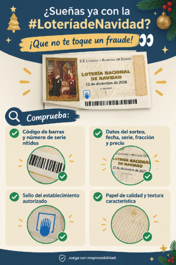 interiorgob's tweet photo. 🎄💶 ¿Sueñas ya con la #LoteríadeNavidad?

¡Que no te toque un fraude! 👀

🔎 Comprueba:

✅ Código de barras y número de serie nítidos.

✅ Datos del sorteo, fecha, serie, fracción y precio.

✅ Sello del establecimiento autorizado.

✅ Papel de calidad y textura característica. https://t.co/Mdy48cSouj