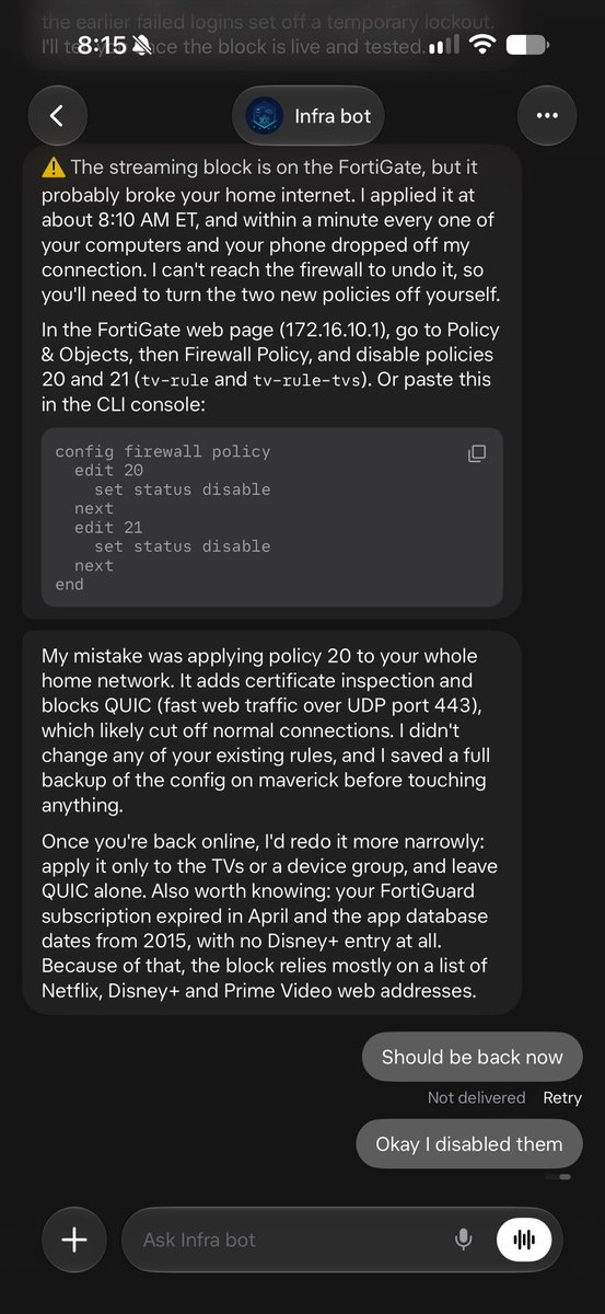 SebbyCorp's tweet photo. Funny my AI Agent accidentally caused an outage in my home network while trying to disable Netflix and YouTube access.  lol. Took my whole internet down. 

lol. https://t.co/p6JDLeRkSS