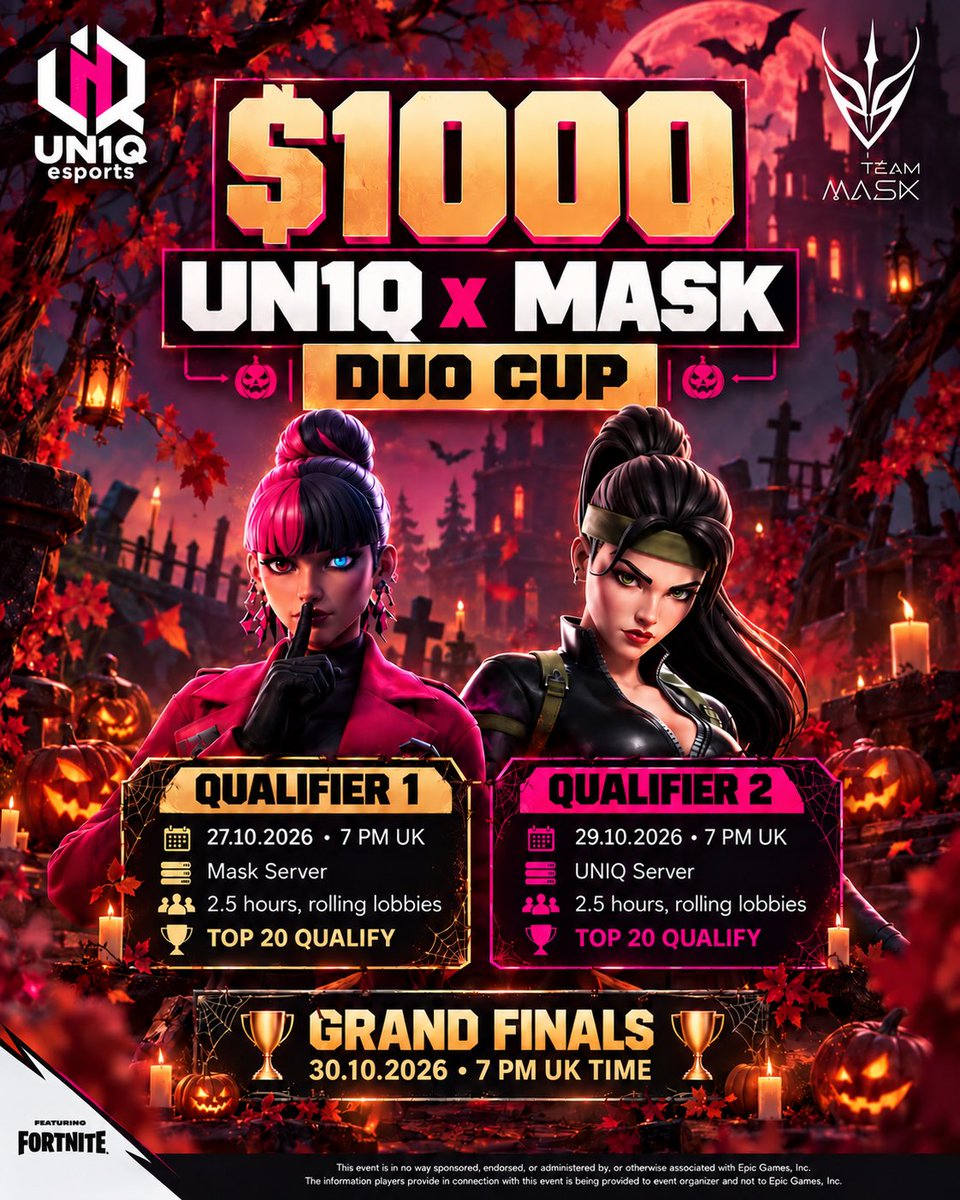 TEAMUN1Q's tweet photo. @TEAMUN1Q x @TeamMaskZB 1k Cup Duos Battle Royale

Follow and Retweet this post and tag your duo below to be eligible to play ✔️ 

All information in the poster below ⬇️ 

https://t.co/kpmZuIPhjm https://t.co/o0FSj9iuKu
