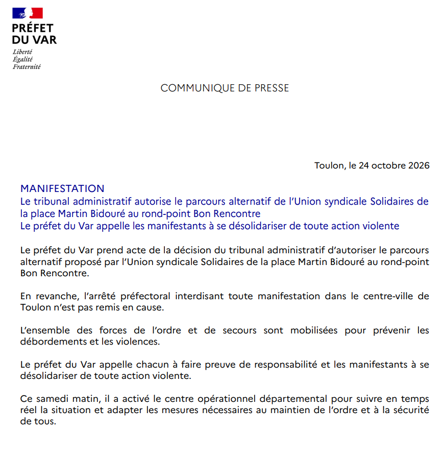 Image de Préfet du Var : #Sécurité | ❌Ce samedi 24 octobre, toute manifestation est interdite en centre-ville de Toulon.
➡️L