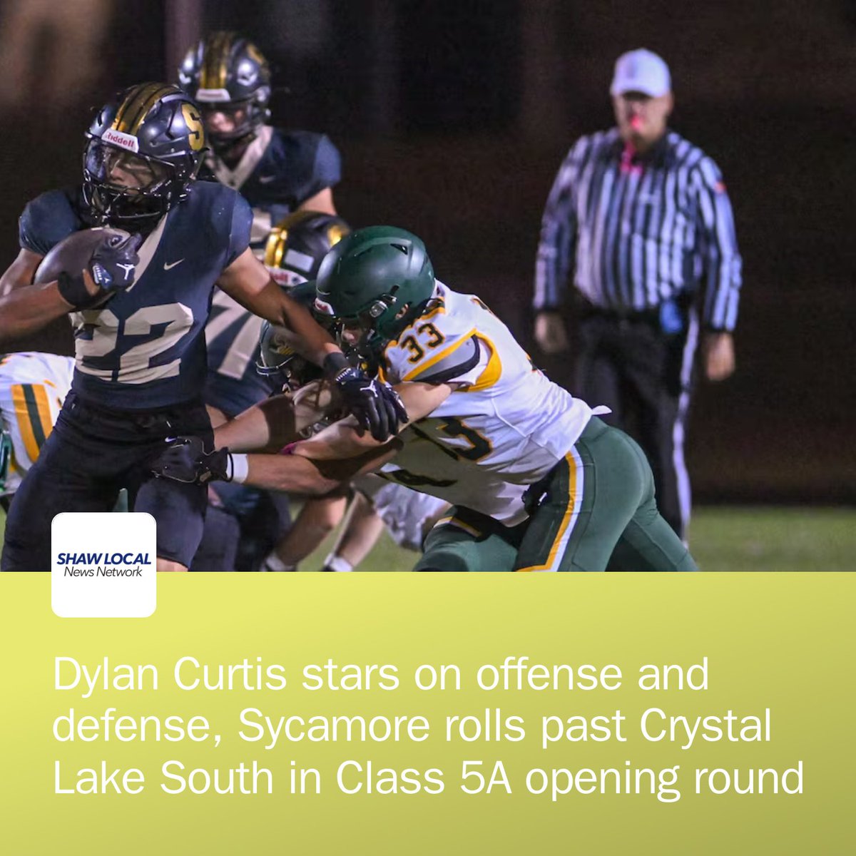 Daily_Chronicle's tweet photo. Sycamore junior Dylan Curtis ran for 181 yards, scored twice and created a turnover on defense as the ninth-seeded Spartans rolled to a 48-14 win over No. 24 Crystal Lake South in their Class 5A opening-round playoff game Friday. https://t.co/6n4Baeu1co