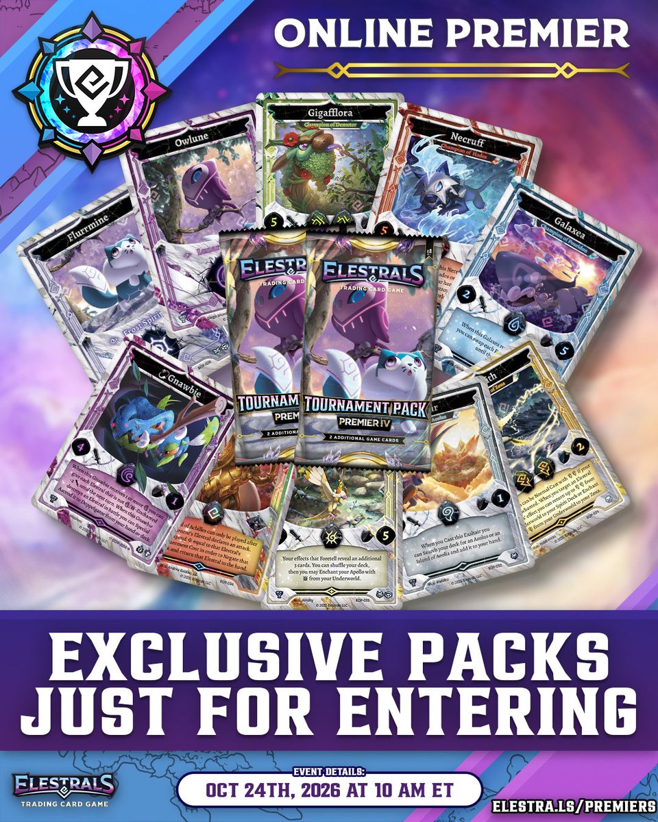 Elestrals's tweet photo. 🏆 Our reigning Premier champion @Jatgam678 showing off the new Trifernal Champion card and playmat @StarCityGames! 🔥
Get 2 Premier Packs and a Snowshade booster pack JUST for entering. Register with the link below! Premier starts at 10am ET👇
#PlayElestrals https://t.co/JhCIEnAE77