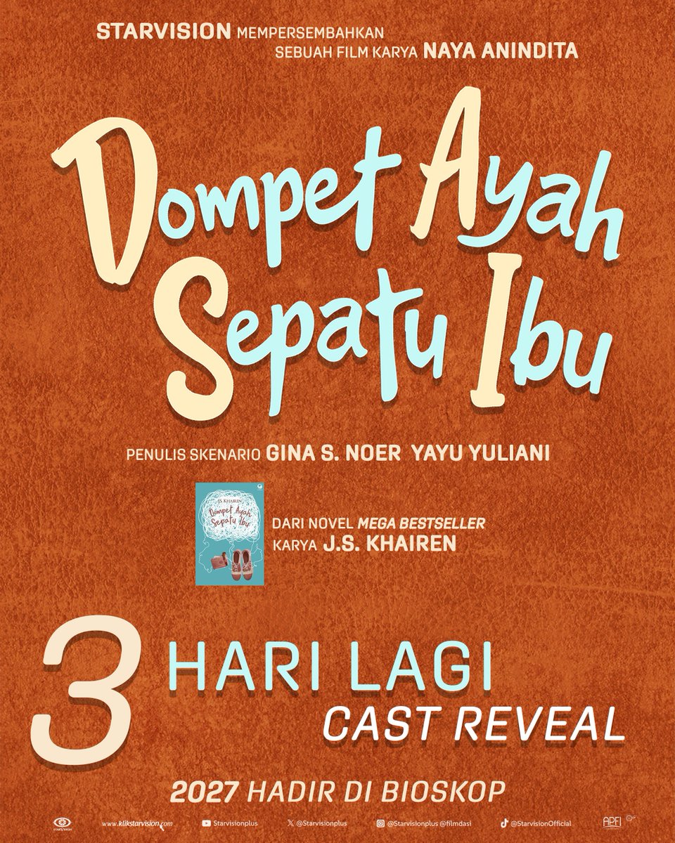 Starvisionplus's tweet photo. TIGA hari lagi menuju 𝘊𝘢𝘴𝘵 𝘙𝘦𝘷𝘦𝘢𝘭 film 𝐃𝐎𝐌𝐏𝐄𝐓 𝐀𝐘𝐀𝐇 𝐒𝐄𝐏𝐀𝐓𝐔 𝐈𝐁𝐔 ✨

Nantikan di akun ini ya! Kabarkan pada teman-teman dan keluarga kalian 🤗

Film 𝐃𝐎𝐌𝐏𝐄𝐓 𝐀𝐘𝐀𝐇 𝐒𝐄𝐏𝐀𝐓𝐔 𝐈𝐁𝐔 hadir 2027 di bioskop.

#DompetAyahSepatuIbu
#FilmDompetAyahSepatuIbu