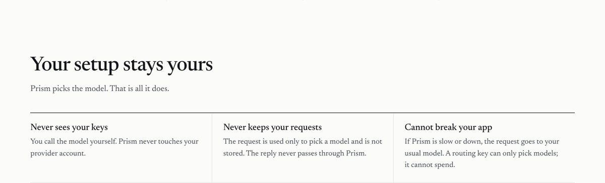 Prism_Yield's tweet photo. Then on the roadmap: routing for every app.

Most apps send every request to one strong model.
Plenty of those requests don't need it.

Routing will let any app, on any chain, ask Prism which model fits each request, then call that model with its own key.

Prism never sees the key.
It doesn't keep the request.
If Prism is slow, the request goes to the app's usual model.

$0.0002 a routed request.
After chat and the API.