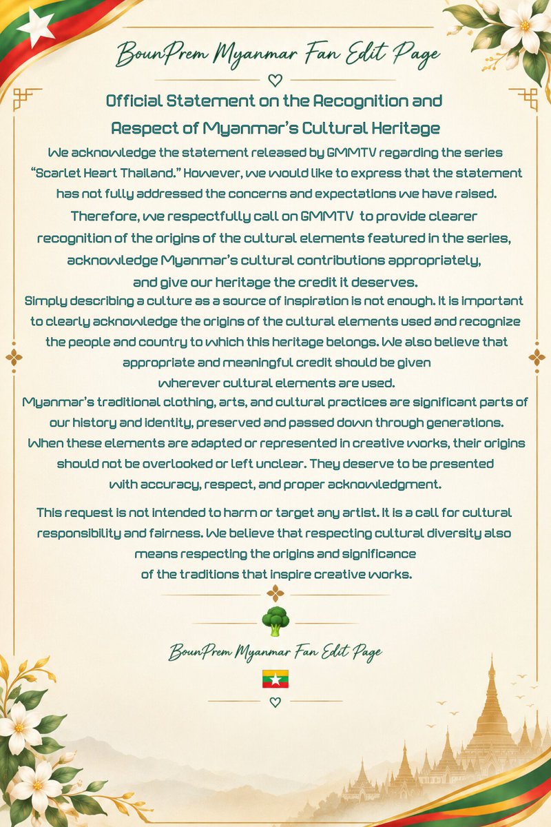 BpFan55357's tweet photo. Respect must be shown through actions, not just words. We hope GMMTV will take our concerns seriously and respond clearly.@GMMTV 

CULTURAL HERITAGE RECOGNITION

#RecognizeMyanmarCulturalHeritage
#CulturalCreditMatters 
#ScarletHeartTH https://t.co/qWIQCVV41V